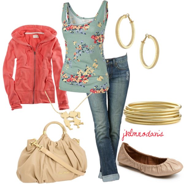 A fashion look from April 2012 featuring red jumper, faded jeans and sparkly pumps. Browse and shop related looks.